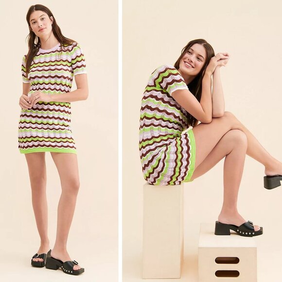 Olivia Rubin Hailey Green Brown Cotton Pointelle Mini Dress 27025 - Picture 2 of 9